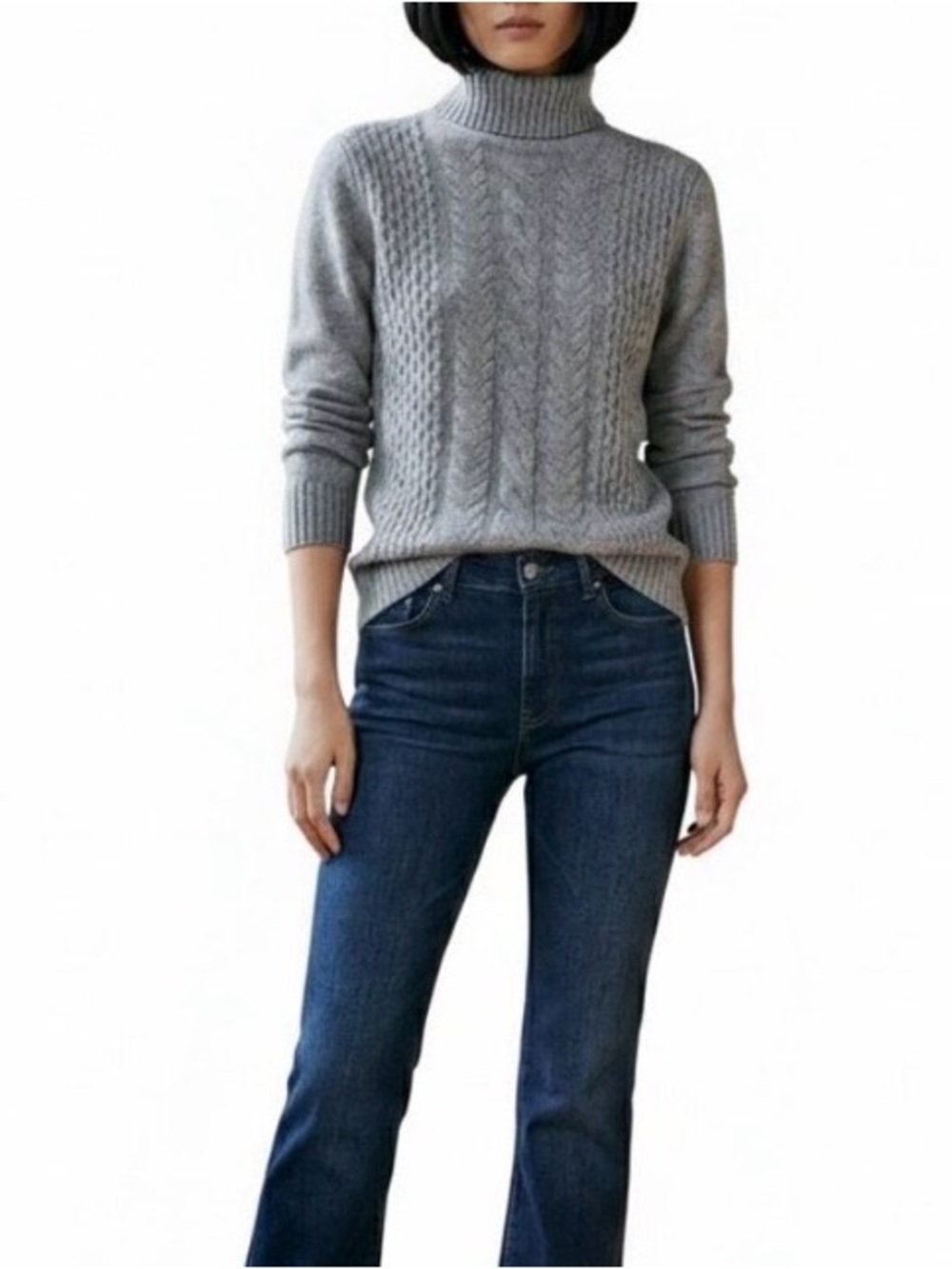 Grey Cozy Wool Blend Cable Knit Turtleneck Medium Made in Italy | Massimo Dutti